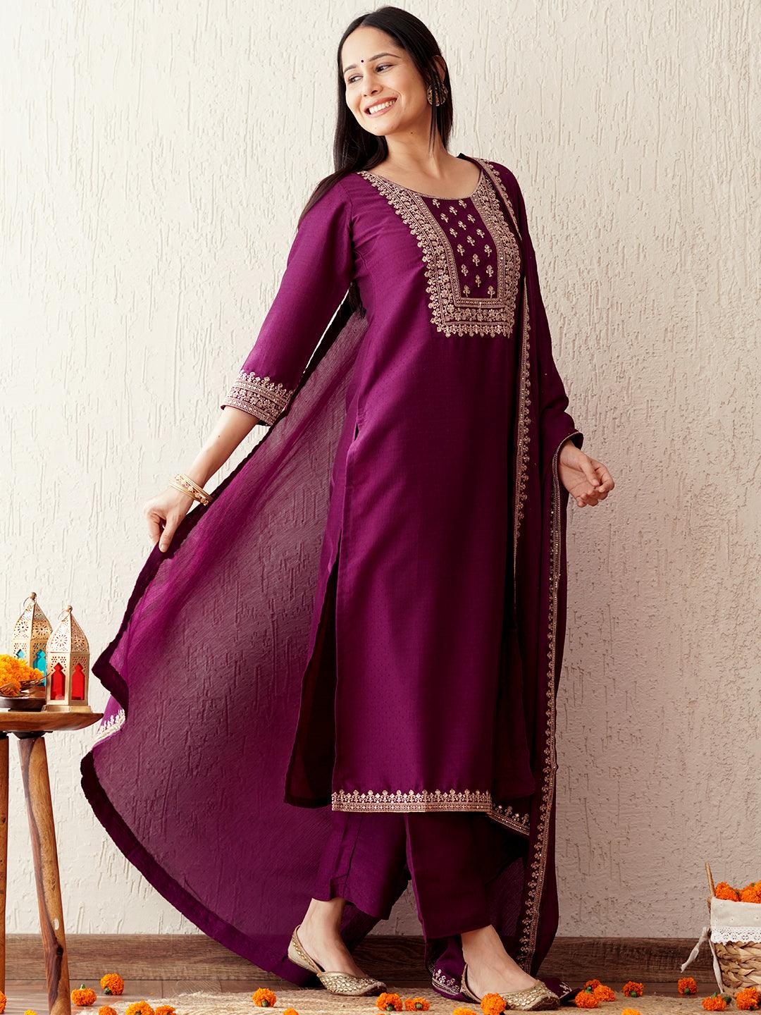 Purple Yoke Design Silk Blend Straight Kurta With Palazzos & Dupatta - ShopLibas