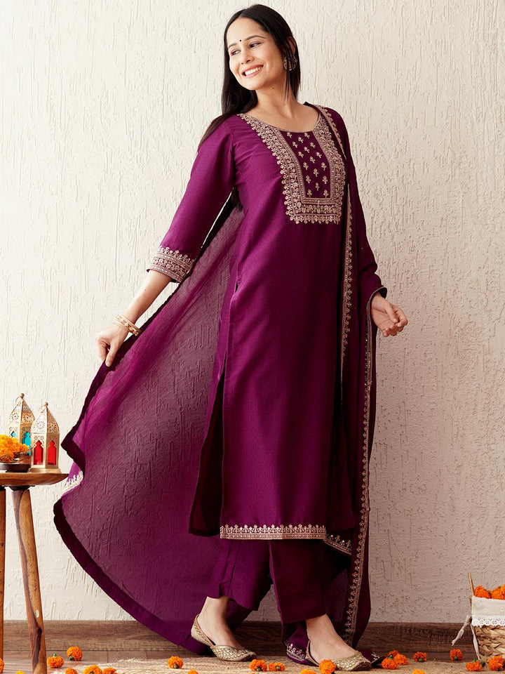 Purple Yoke Design Silk Blend Straight Suit With Dupatta