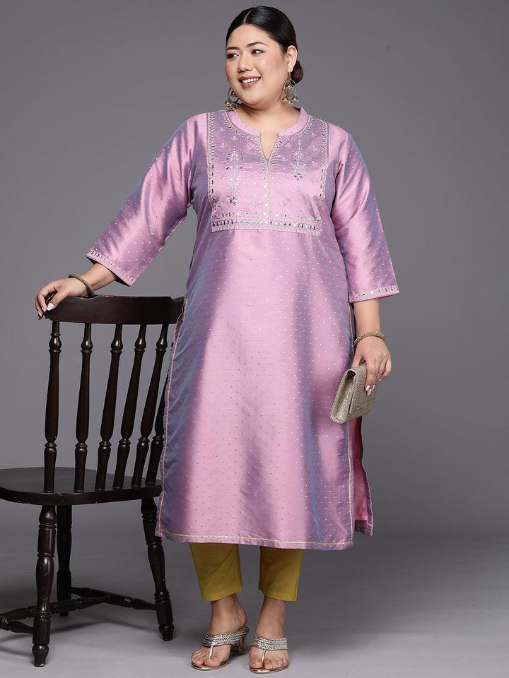 Plus Size Purple Yoke Design Art Silk Straight Kurta