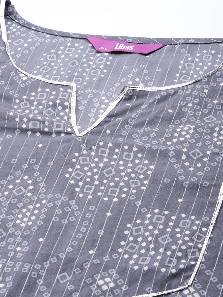 Plus Size Grey Yoke Design Cotton Straight Kurta