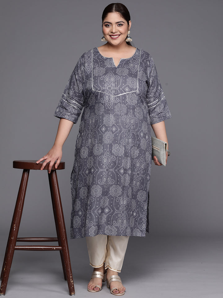 Plus Size Grey Yoke Design Cotton Straight Kurta