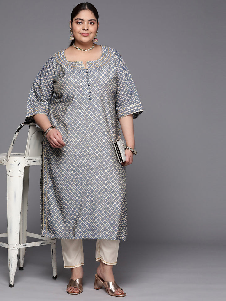 Plus Size Grey Printed Silk Straight Kurta