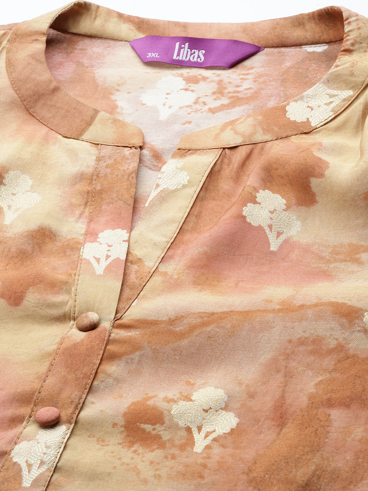 Plus Size Brown Printed Silk Straight Kurta