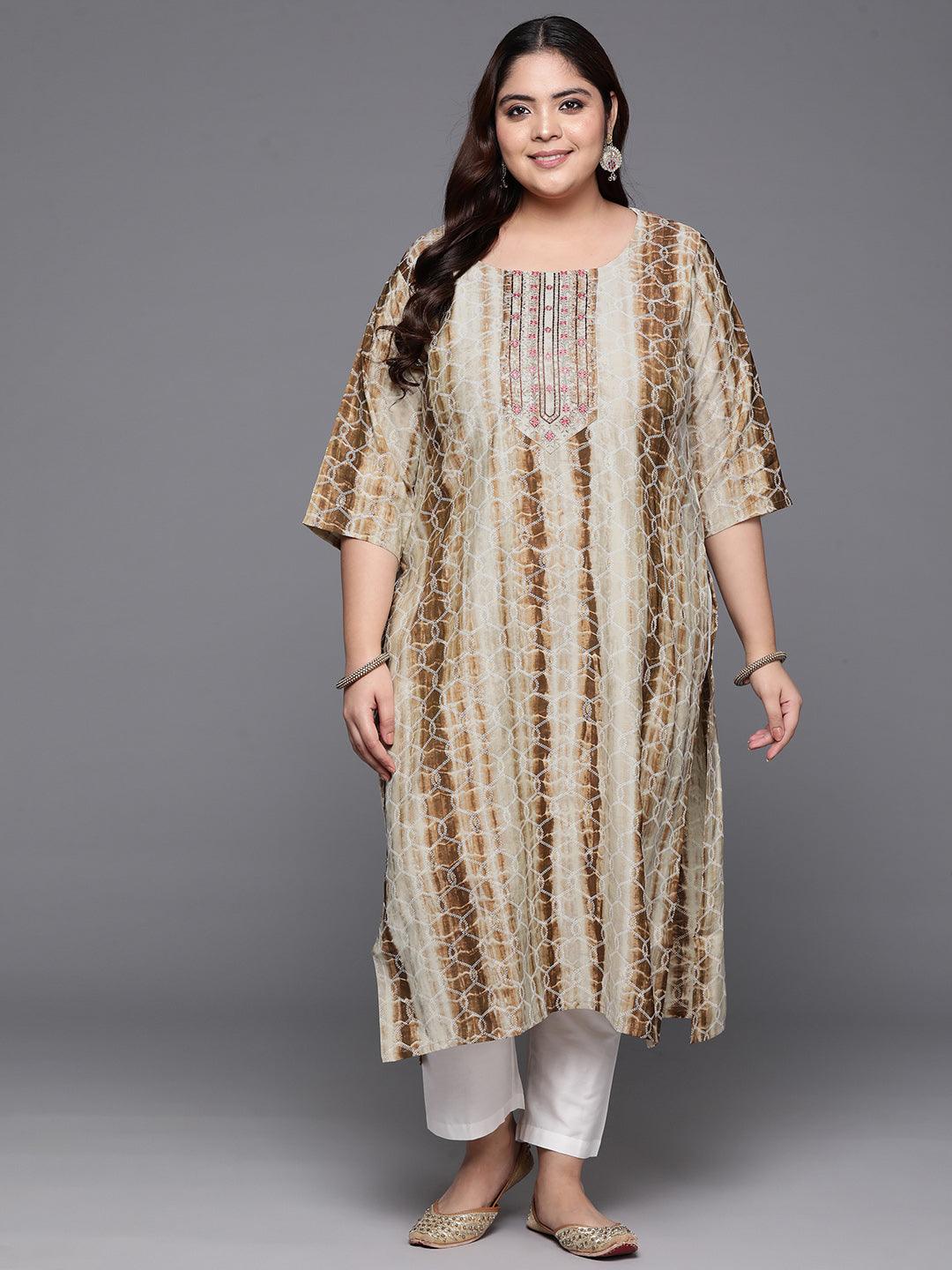 Plus Size Brown Yoke Design Straight Silk Kurta - ShopLibas