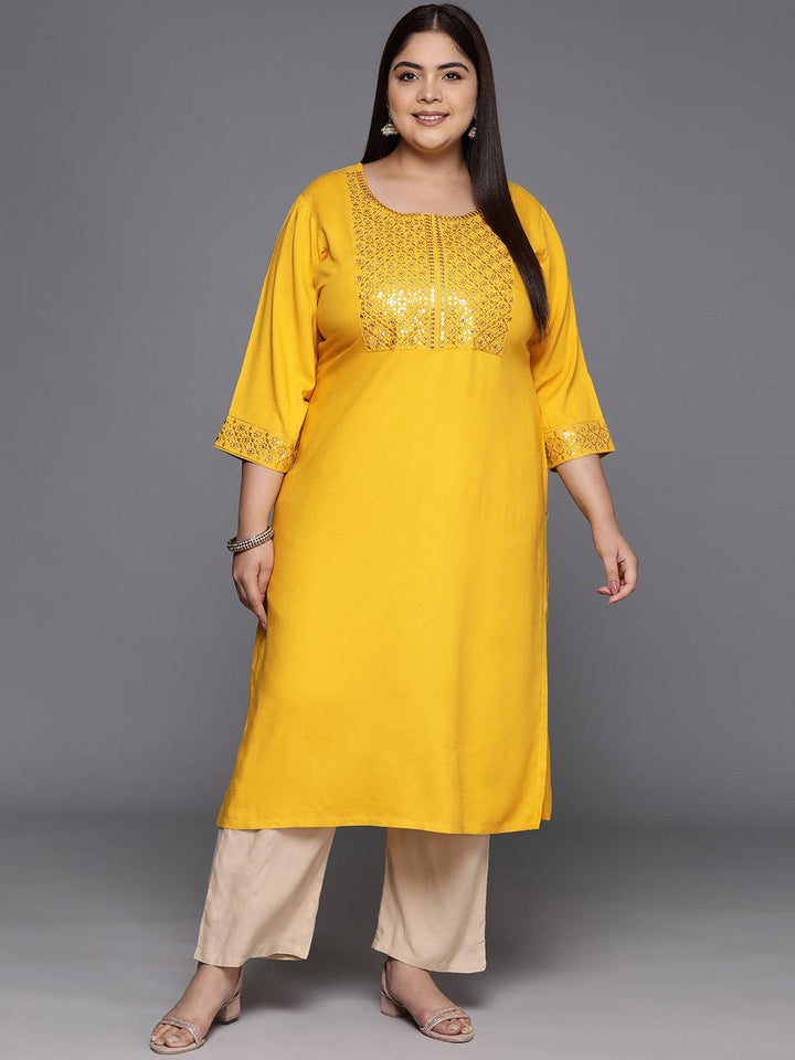 Plus Size Mustard Yoke Design Rayon Straight Kurta