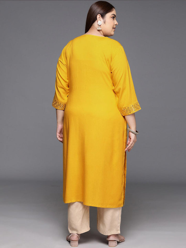 Plus Size Mustard Yoke Design Rayon Straight Kurta