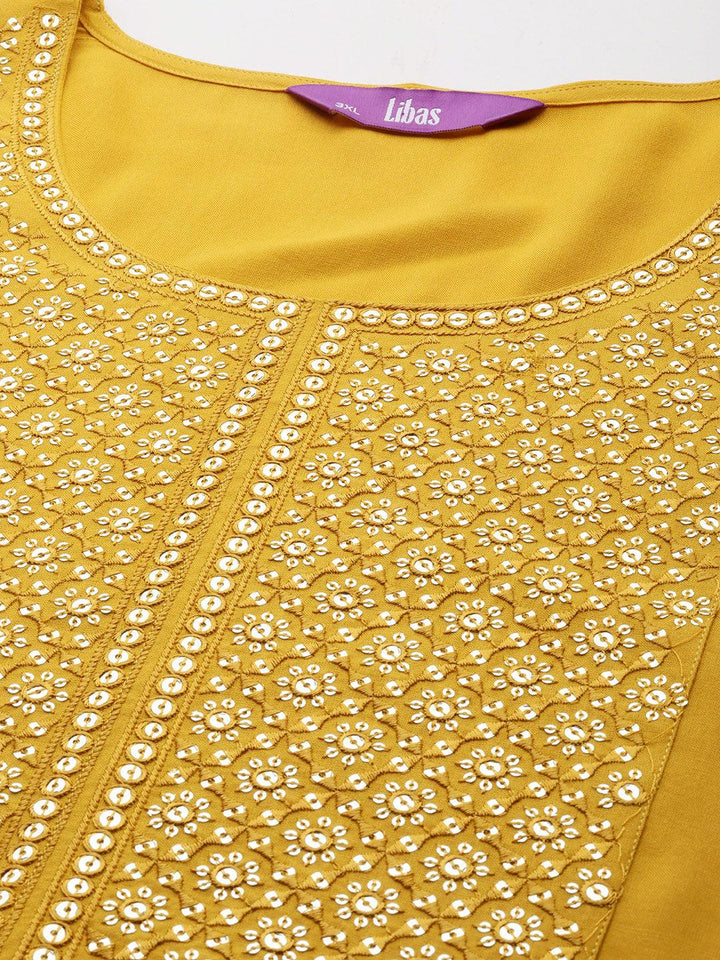 Plus Size Mustard Yoke Design Rayon Straight Kurta