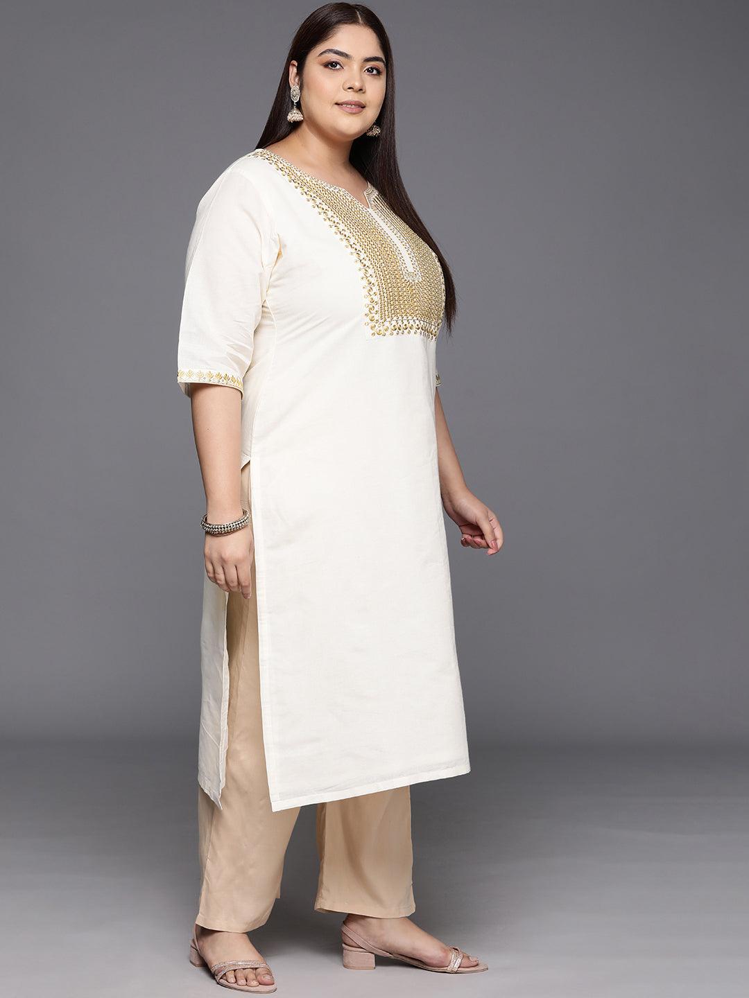 Plus Size Off White Yoke Design Cotton Straight Kurta - ShopLibas