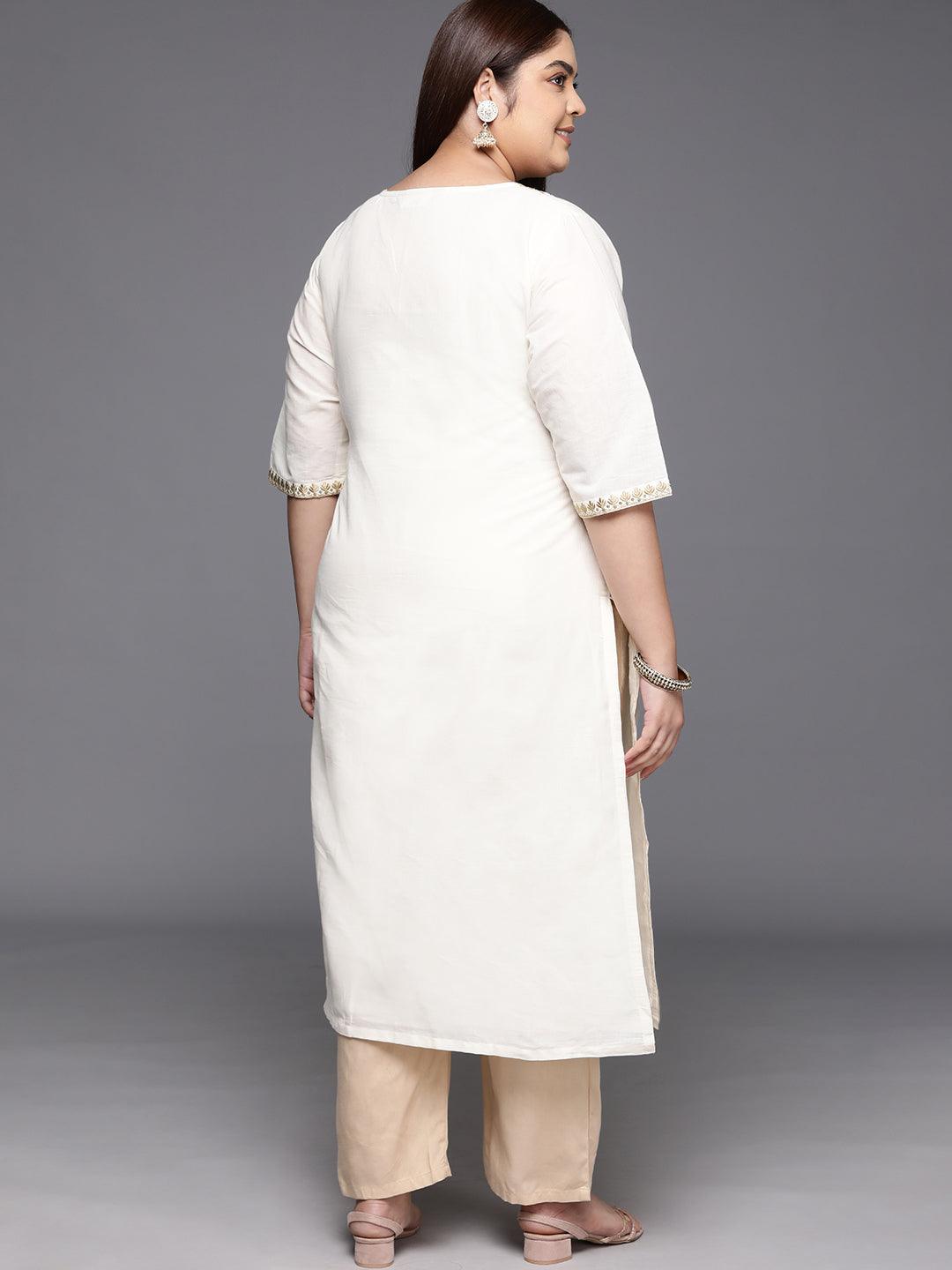 Plus Size Off White Yoke Design Cotton Straight Kurta - ShopLibas