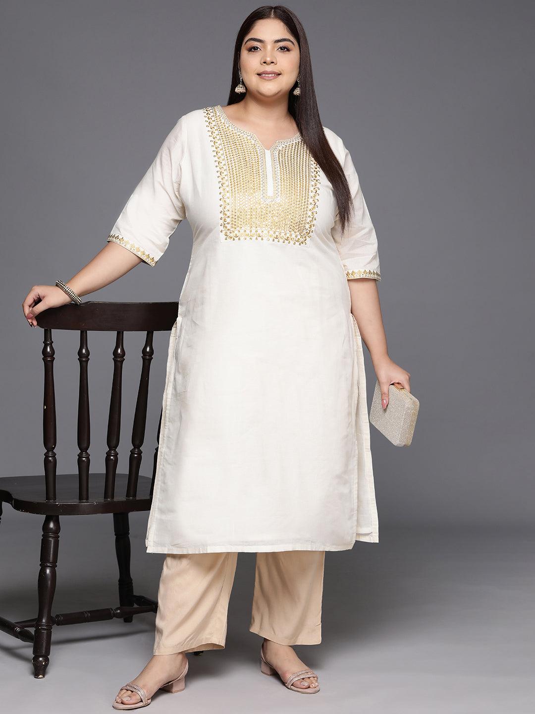 Plus Size Off White Yoke Design Cotton Straight Kurta - ShopLibas