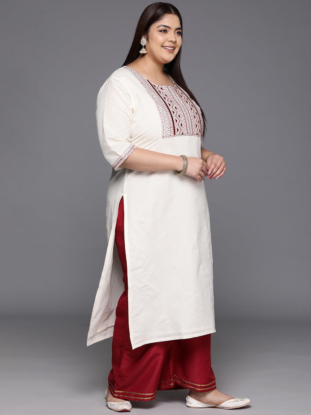 Plus Size Off White Yoke Design Cotton Straight Kurta - ShopLibas