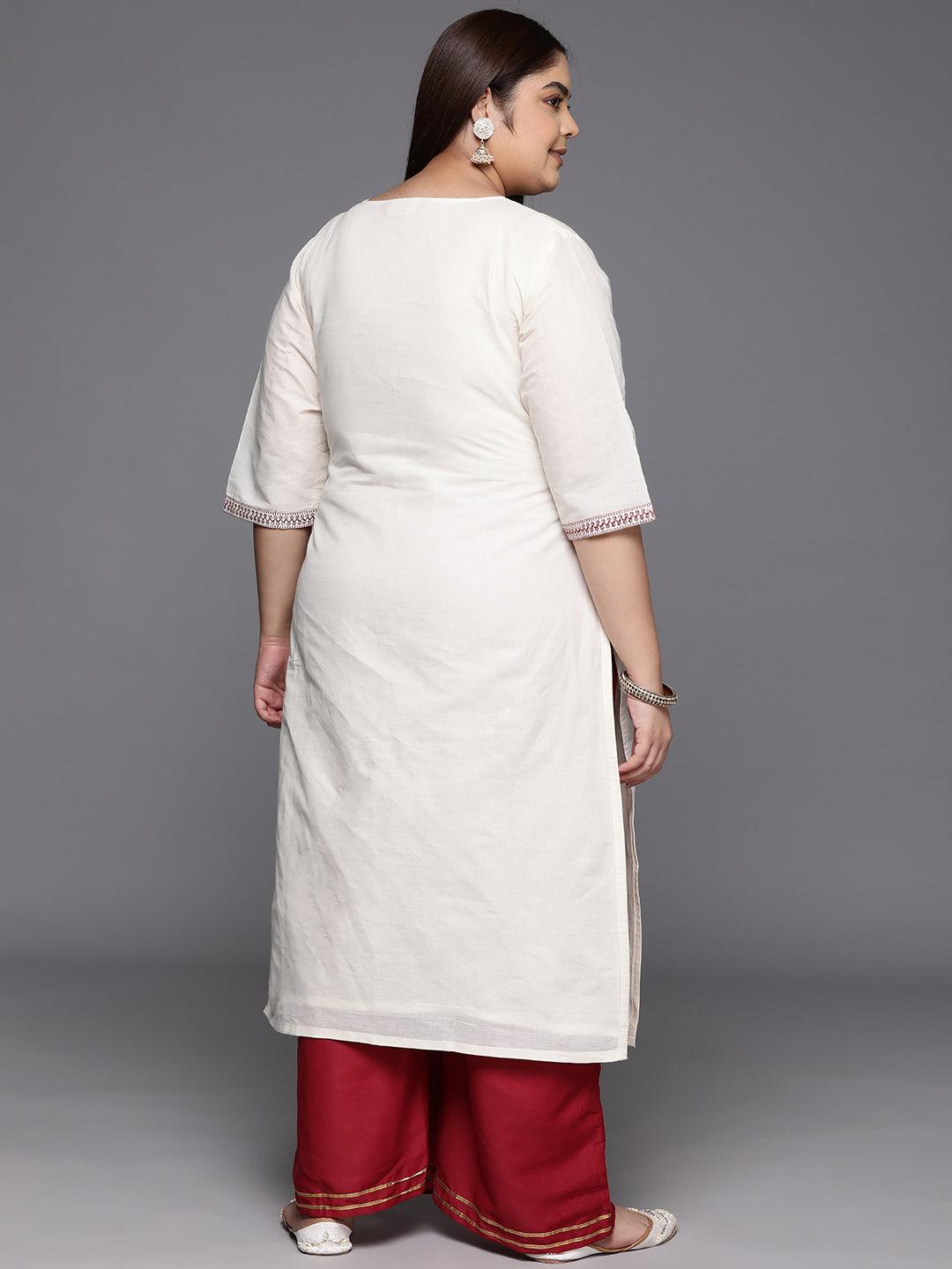 Plus Size Off White Yoke Design Cotton Straight Kurta - ShopLibas