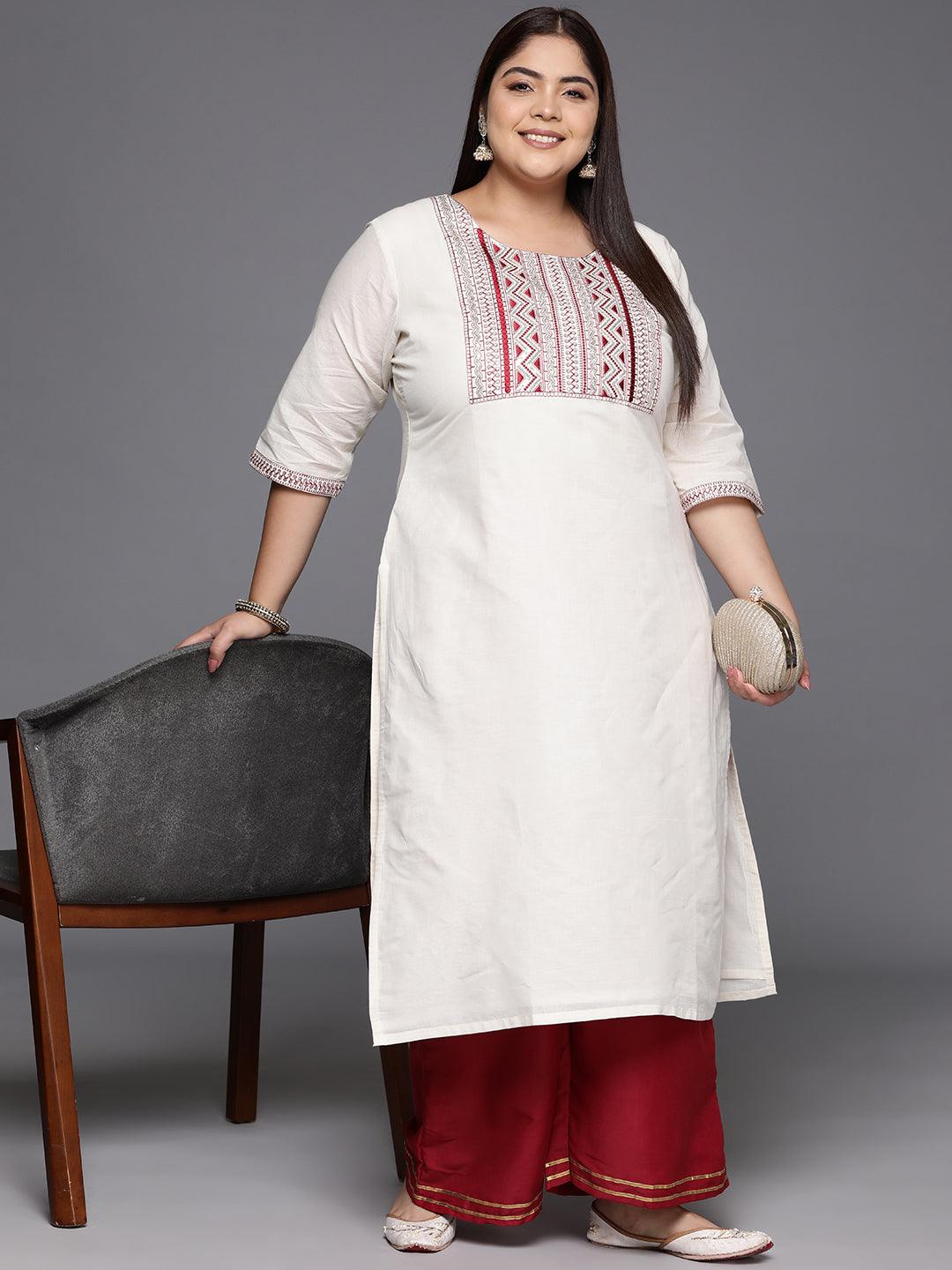 Plus Size Off White Yoke Design Cotton Straight Kurta - ShopLibas