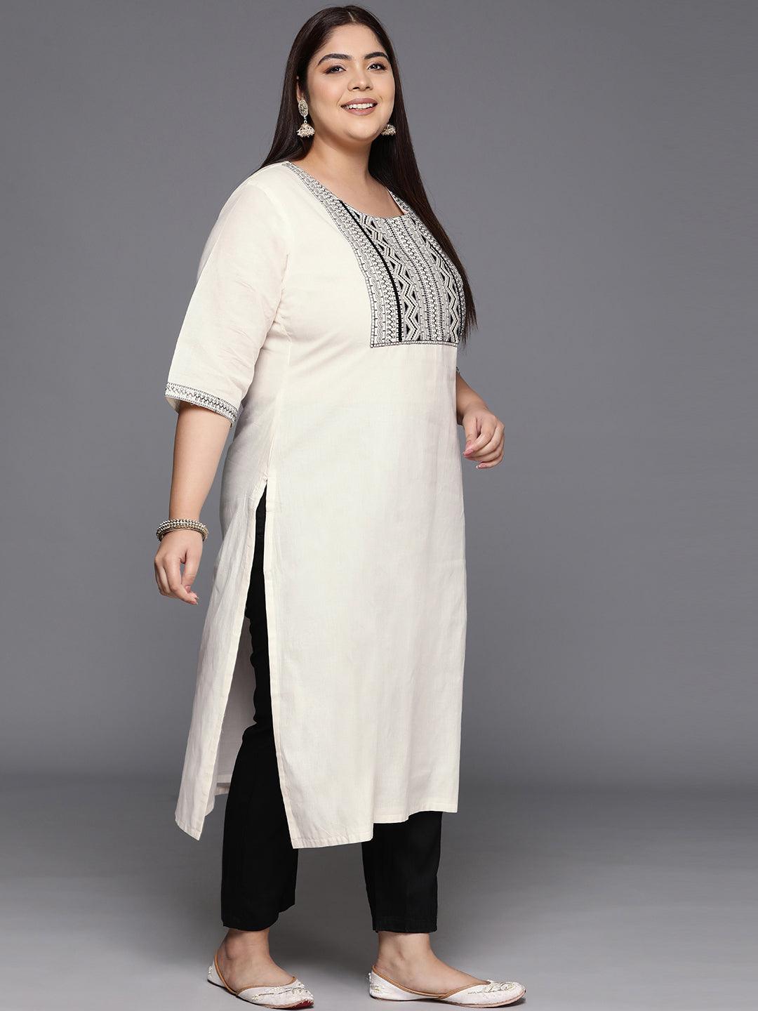 Plus Size Off White Yoke Design Cotton Straight Kurta - ShopLibas