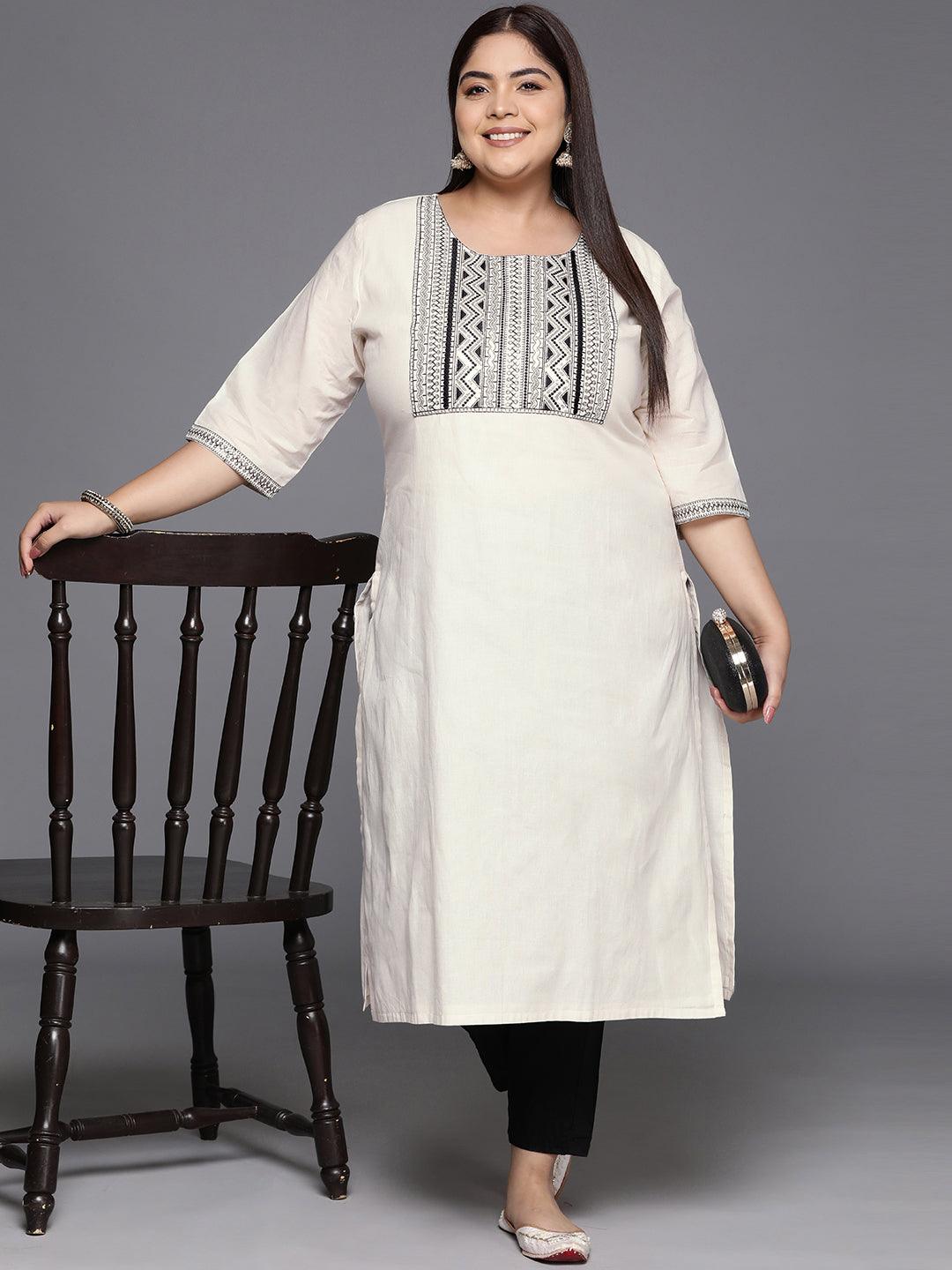 Plus Size Off White Yoke Design Cotton Straight Kurta - ShopLibas