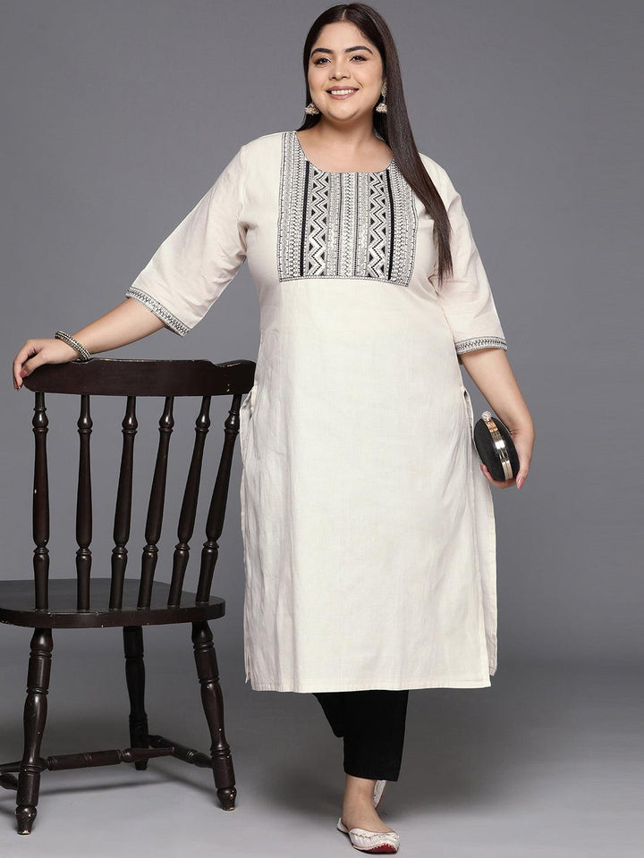 Plus Size Off White Yoke Design Cotton Straight Kurta