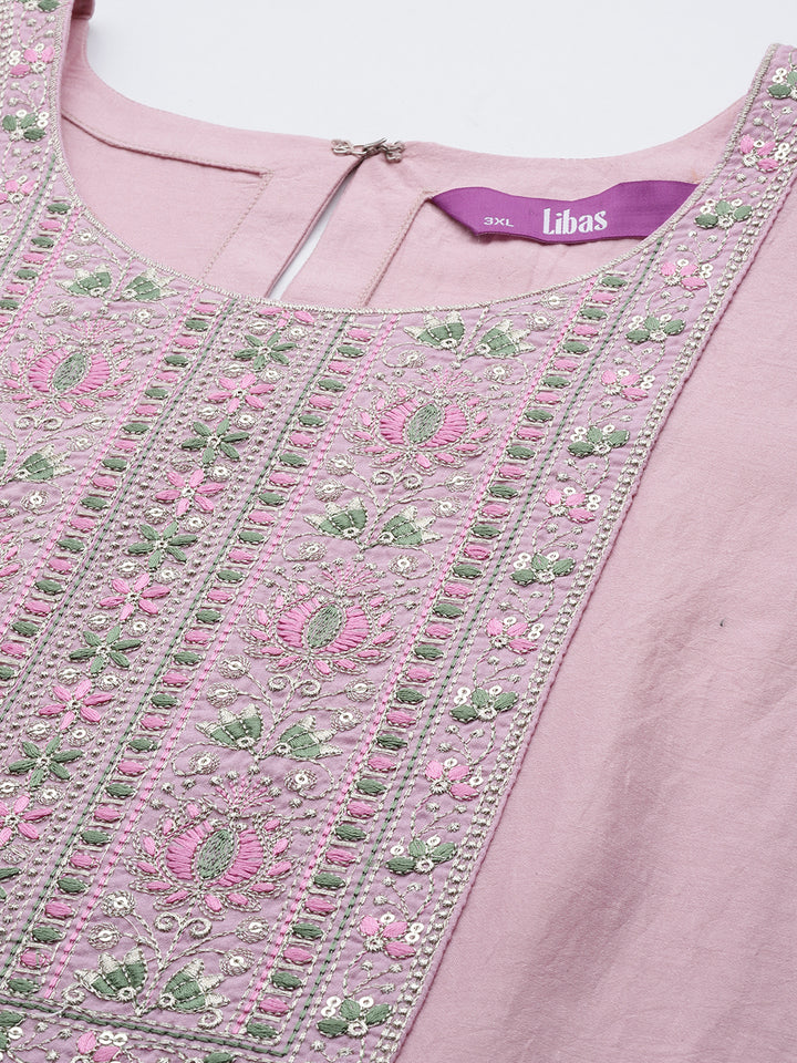 Plus Size Pink Yoke Design Silk Straight Kurta