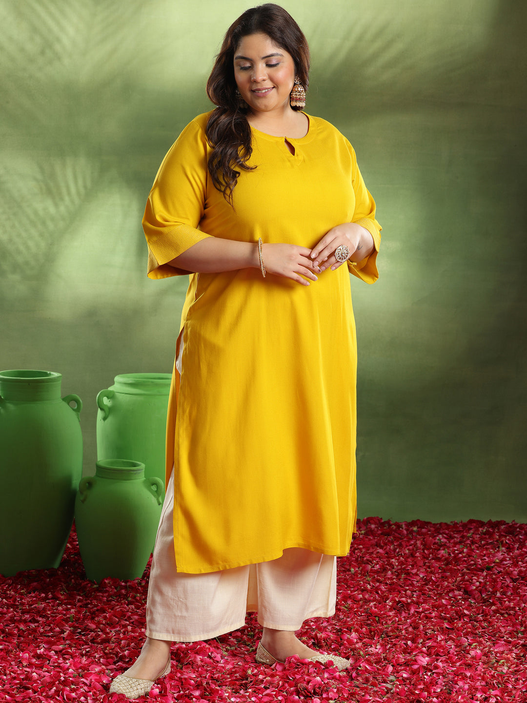 Plus Size Mustard Solid Rayon Straight Kurta