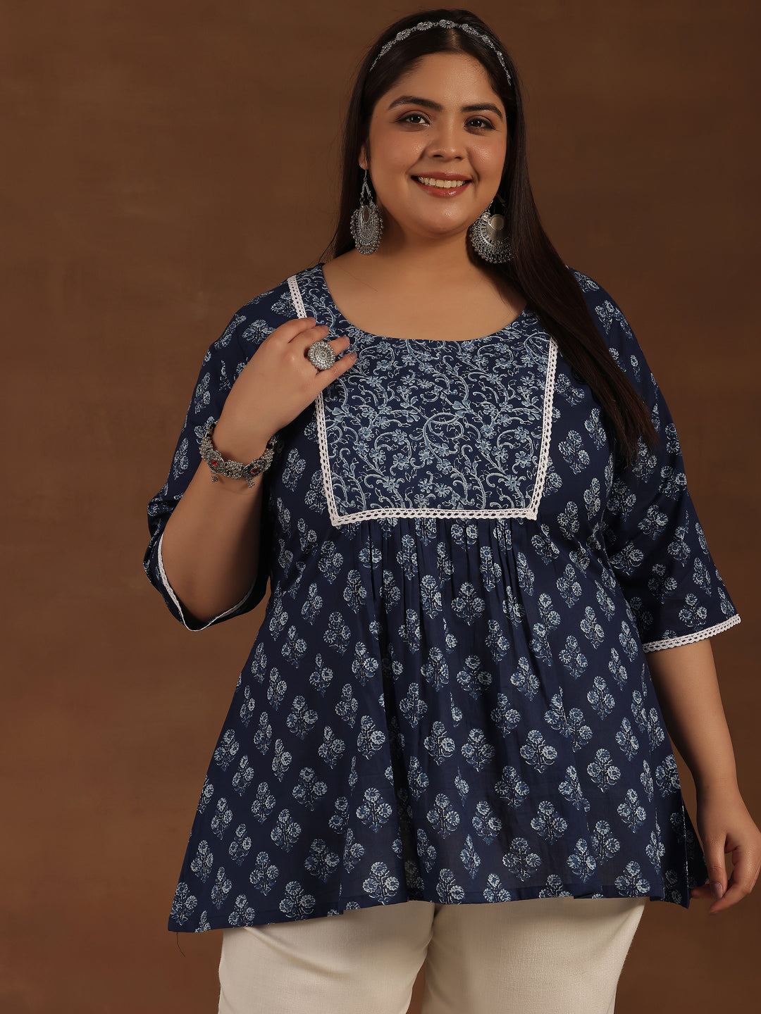 Plus Size Blue Yoke Design Cotton A-Line