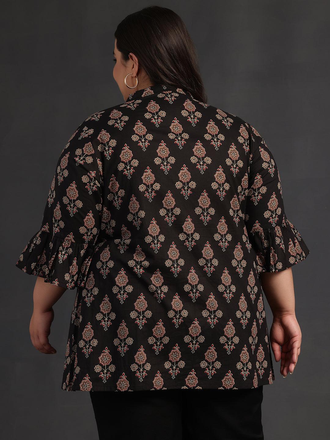 Plus Size Black Printed Cotton A-Line Kurti