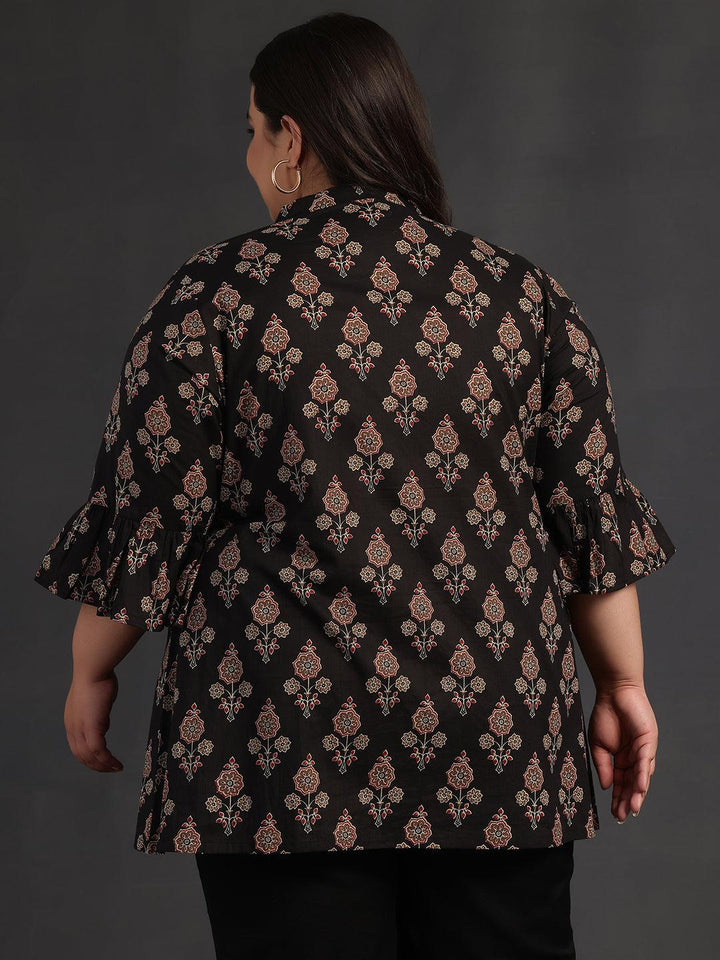 Plus Size Black Printed Cotton A-Line Kurti