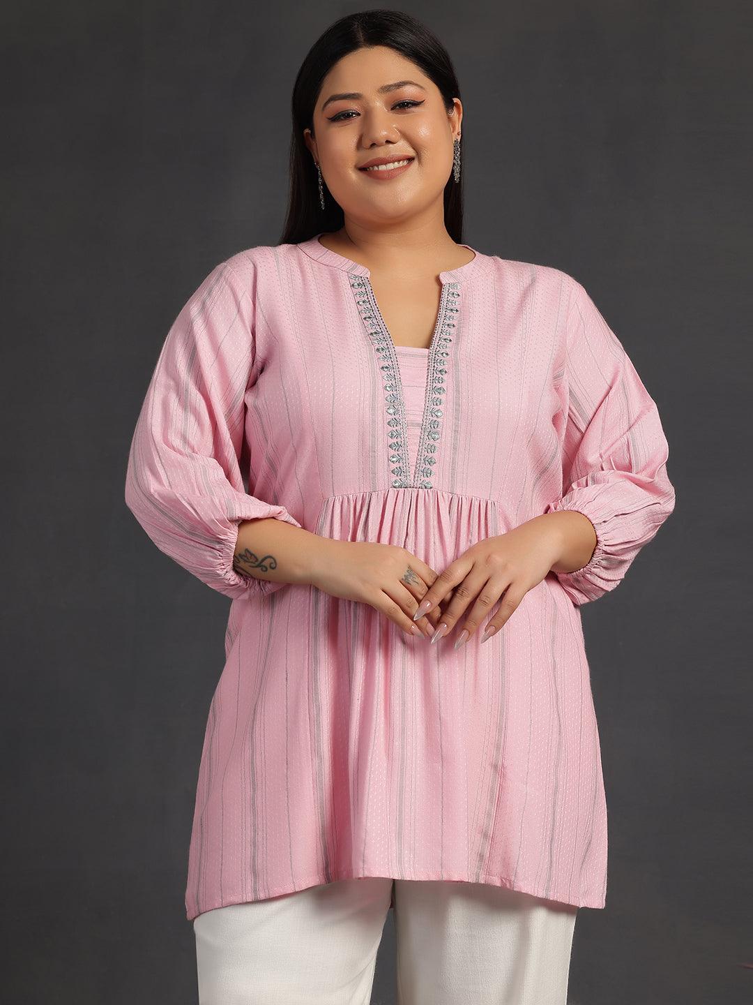 Plus Size Pink Woven Design Cotton Blend Straight Kurti