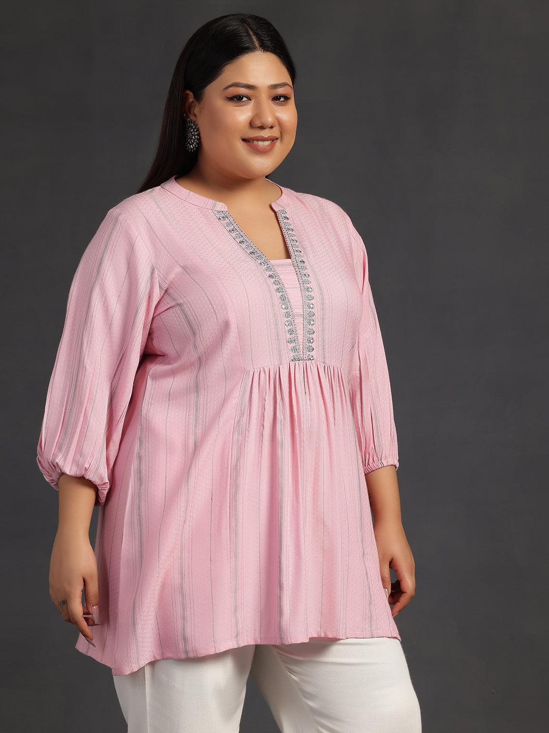 Plus Size Pink Woven Design Cotton Blend Straight Kurti