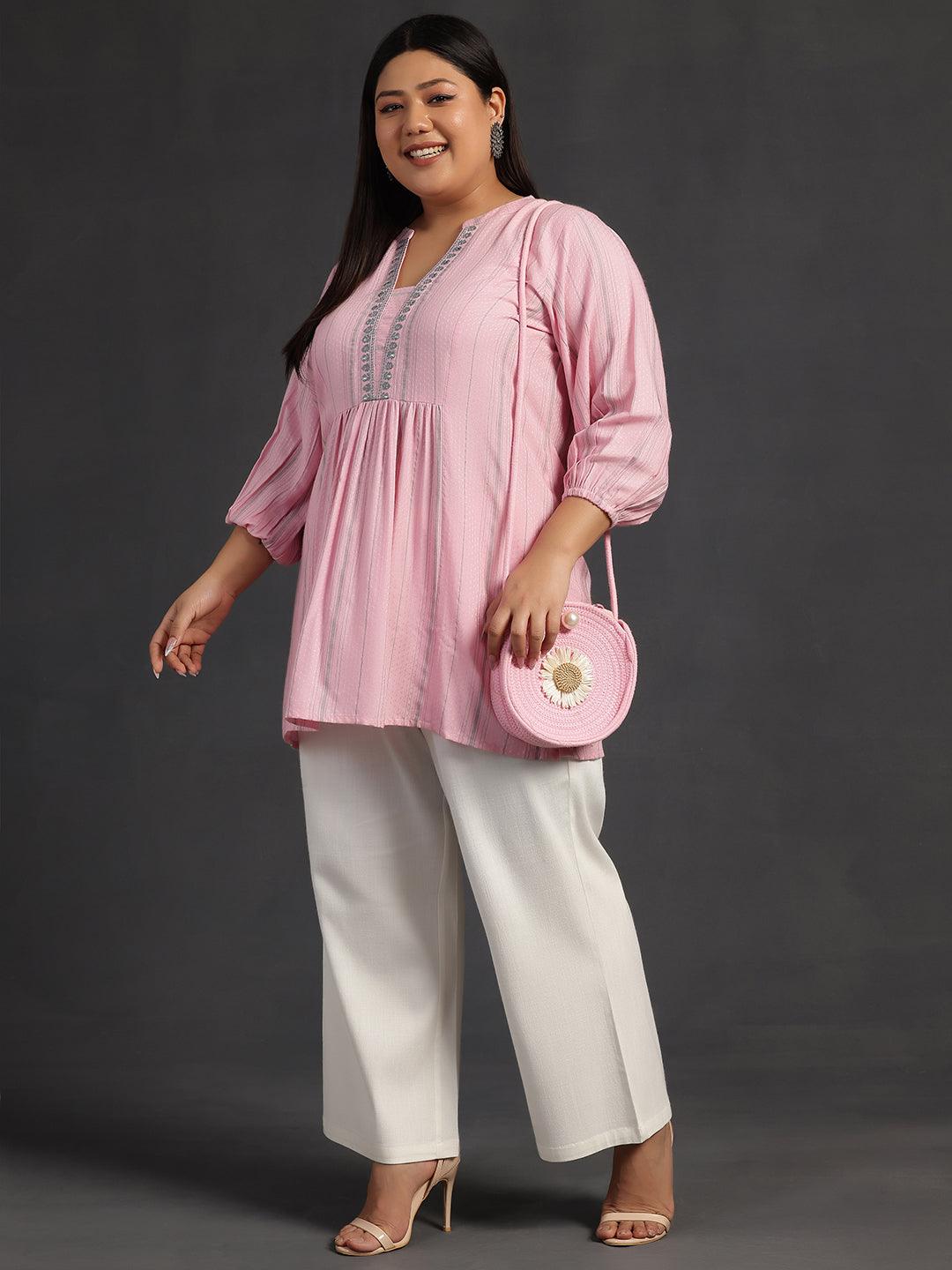 Plus Size Pink Woven Design Cotton Blend Straight Kurti