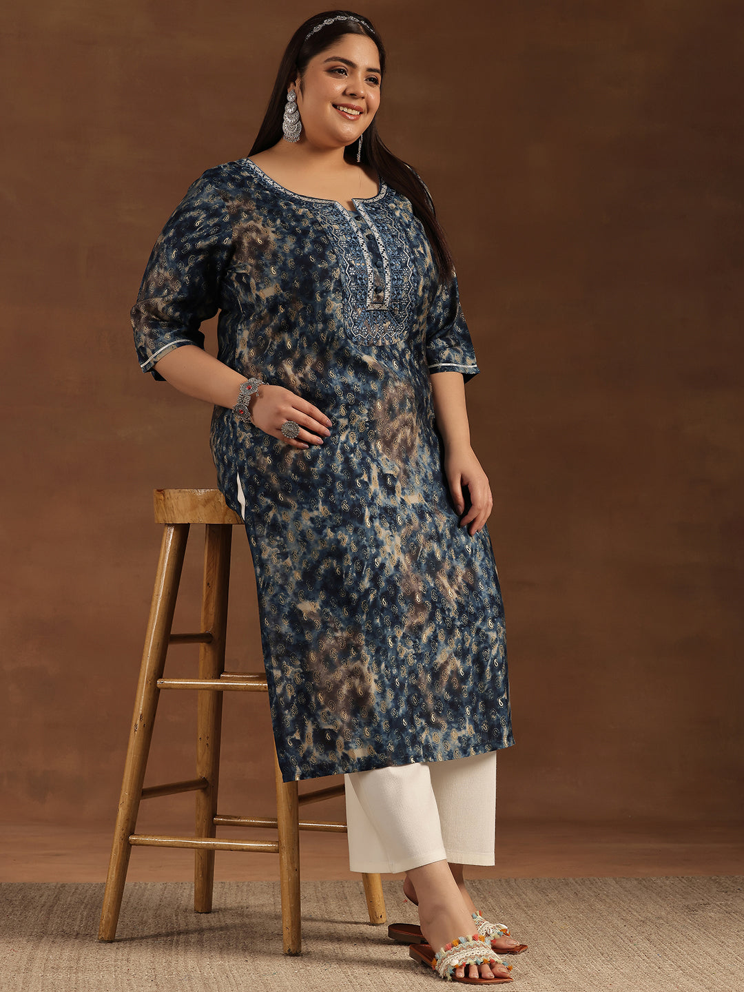 Plus Size Navy Blue Yoke Design Silk Straight Kurta