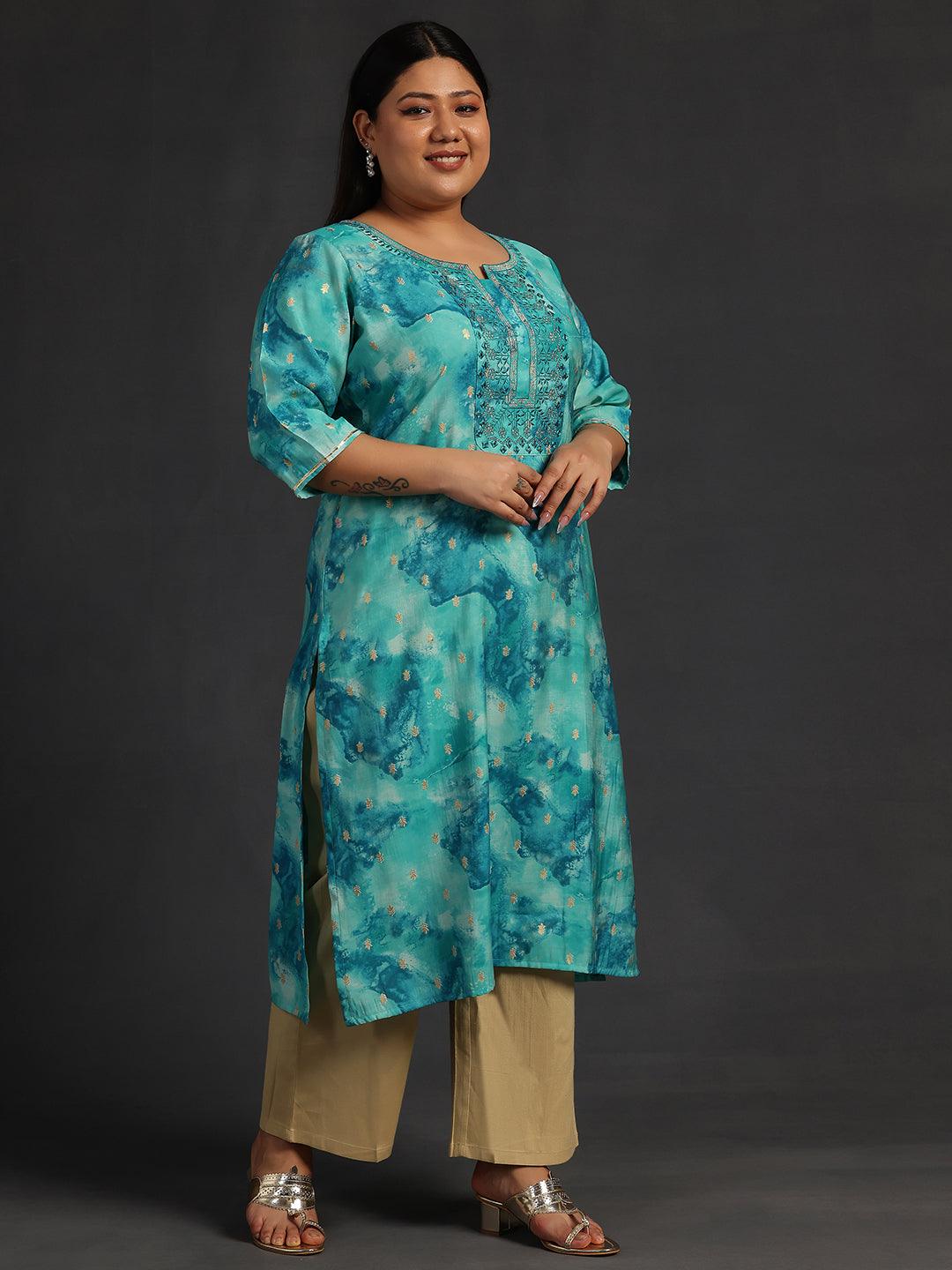 Plus Size Blue Yoke Design Silk Straight Kurta