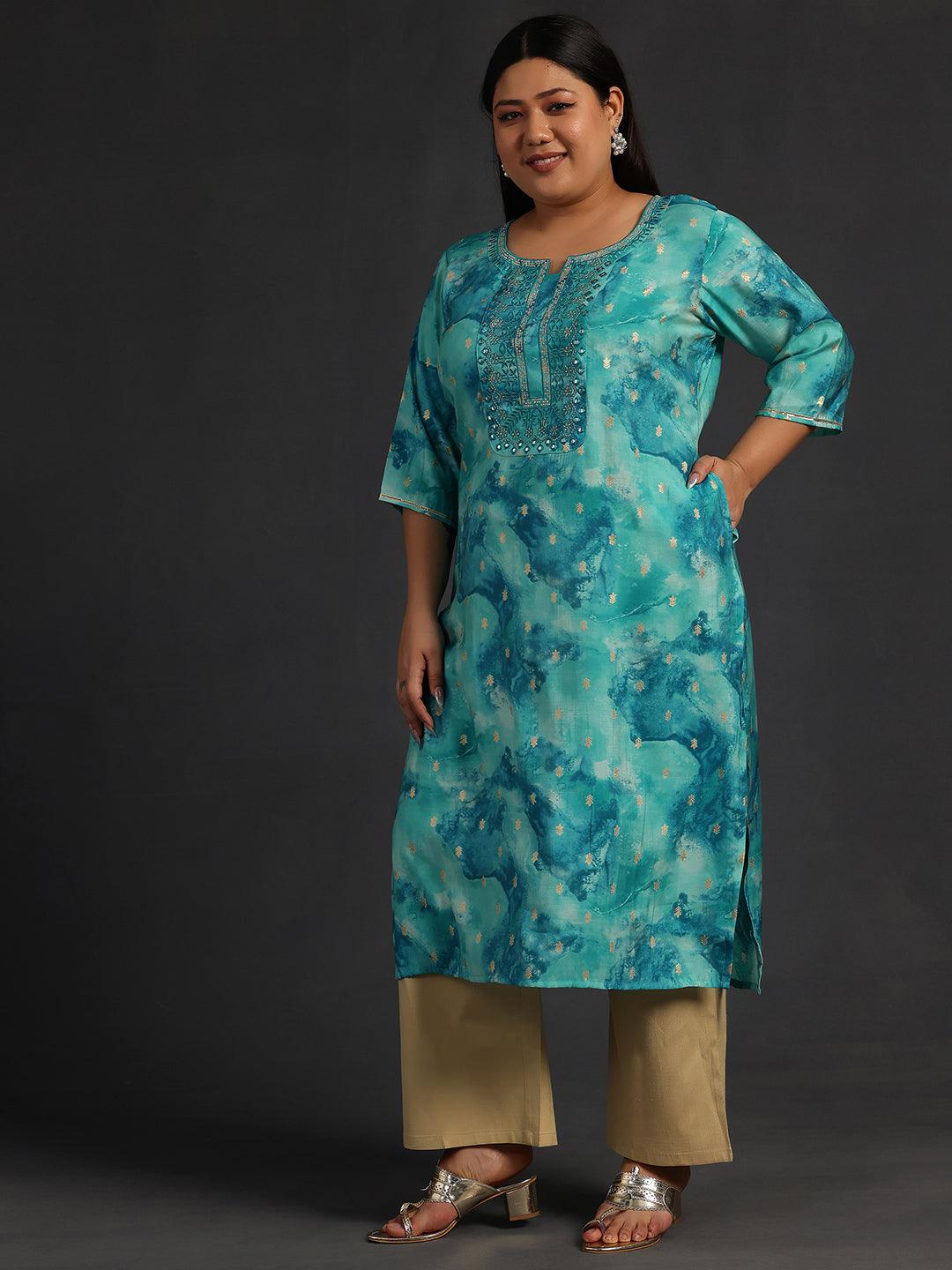 Plus Size Blue Yoke Design Silk Straight Kurta