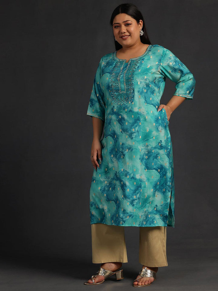 Plus Size Blue Yoke Design Silk Straight Kurta