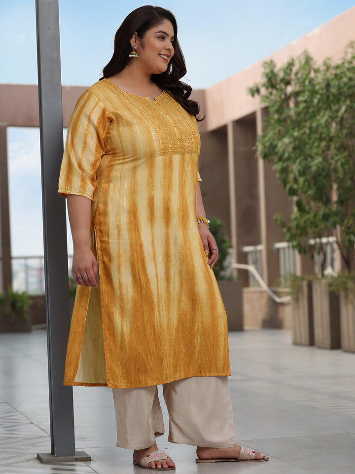 Plus Size Mustard Printed Cotton Straight Kurta