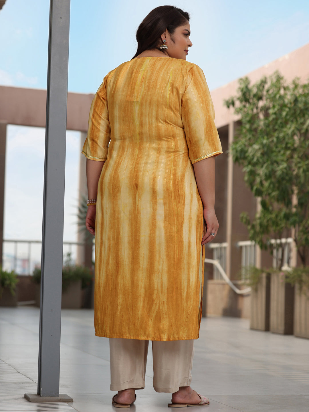Plus Size Mustard Printed Cotton Straight Kurta