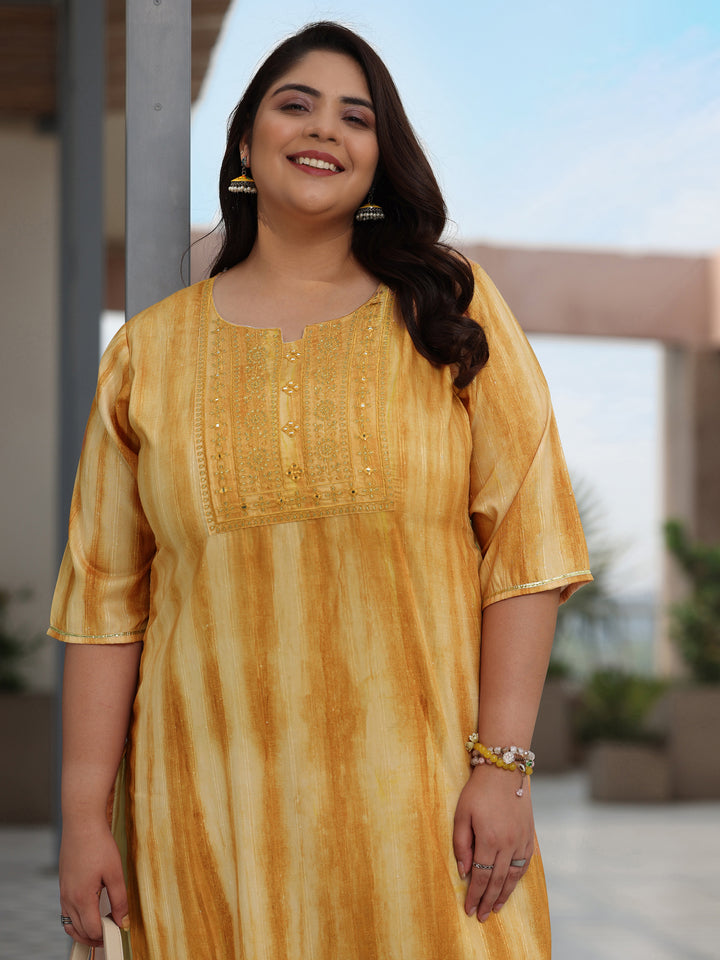 Plus Size Mustard Printed Cotton Straight Kurta