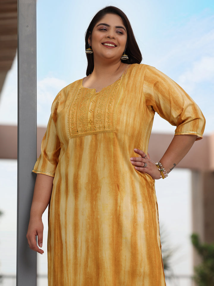 Plus Size Mustard Printed Cotton Straight Kurta