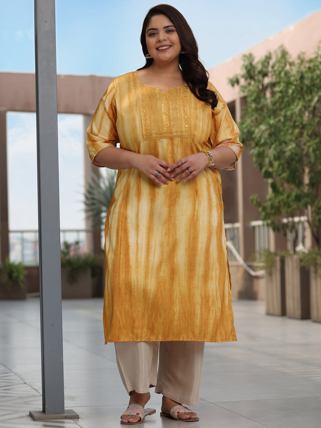 Plus Size Mustard Printed Cotton Straight Kurta