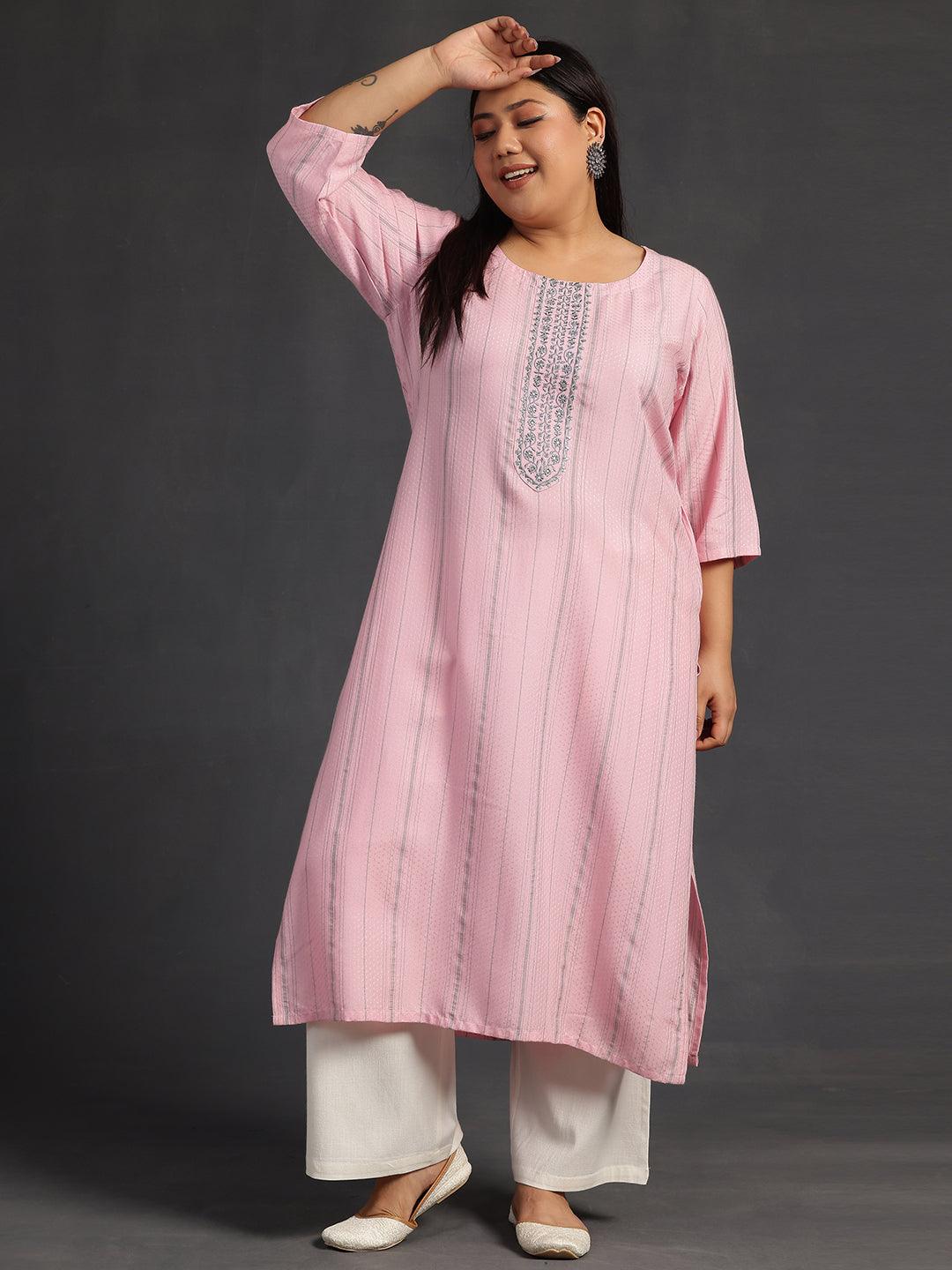 Plus Size Pink Yoke Design Rayon Straight Kurta