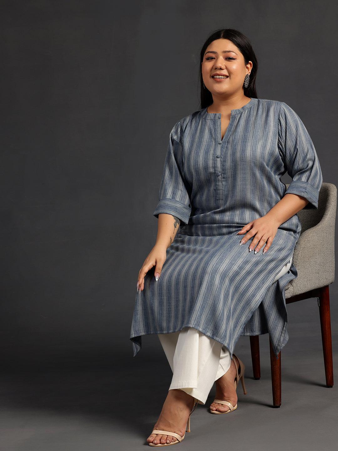 Plus Size Grey Woven Design Rayon Straight Kurta