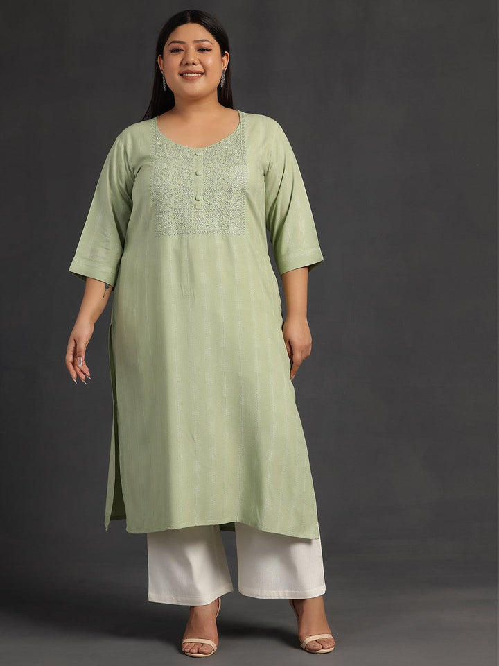 Plus Size Green Yoke Design Silk Straight Kurta