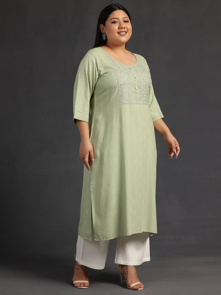 Plus Size Green Yoke Design Silk Straight Kurta