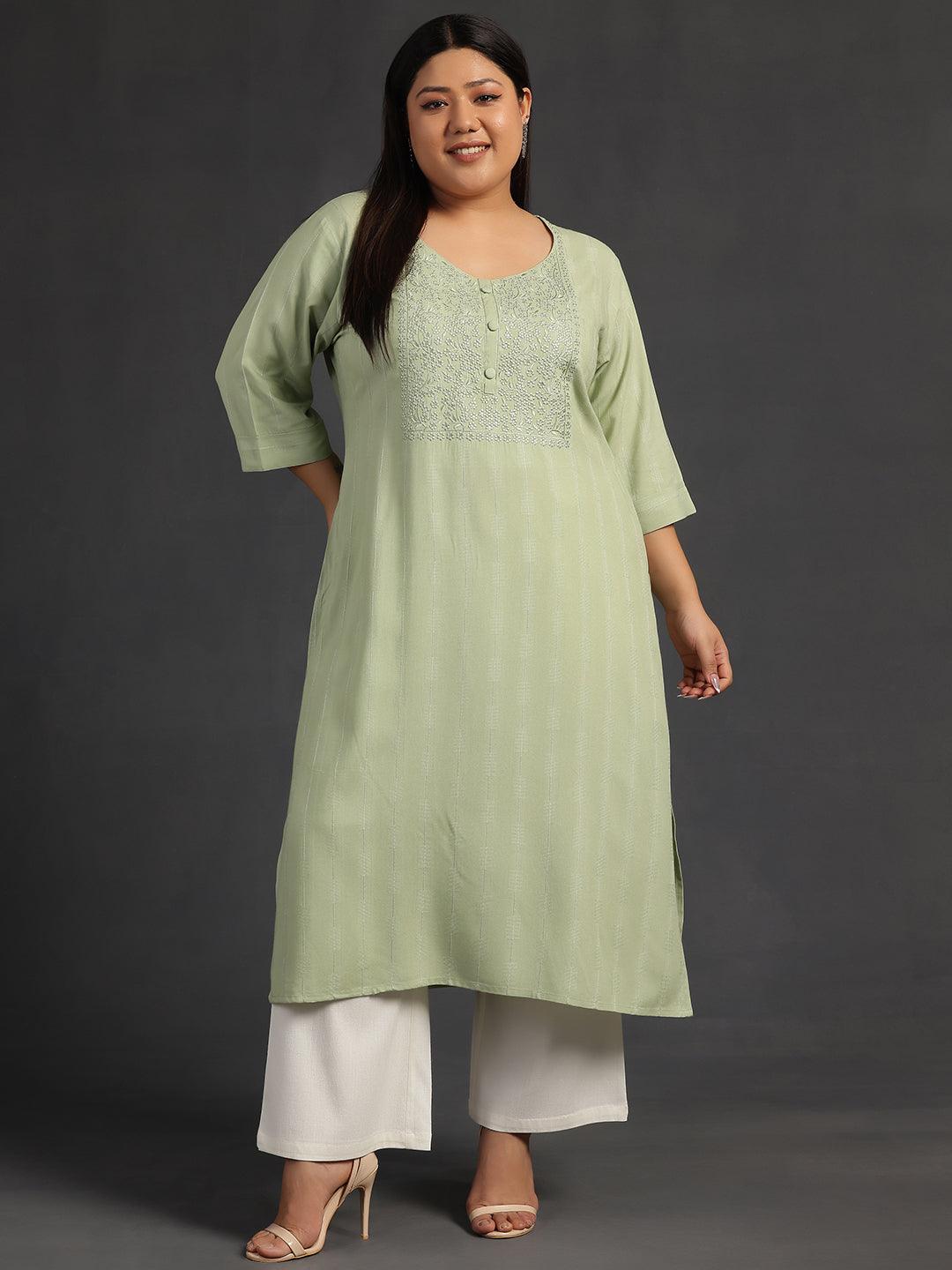 Plus Size Green Yoke Design Silk Straight Kurta