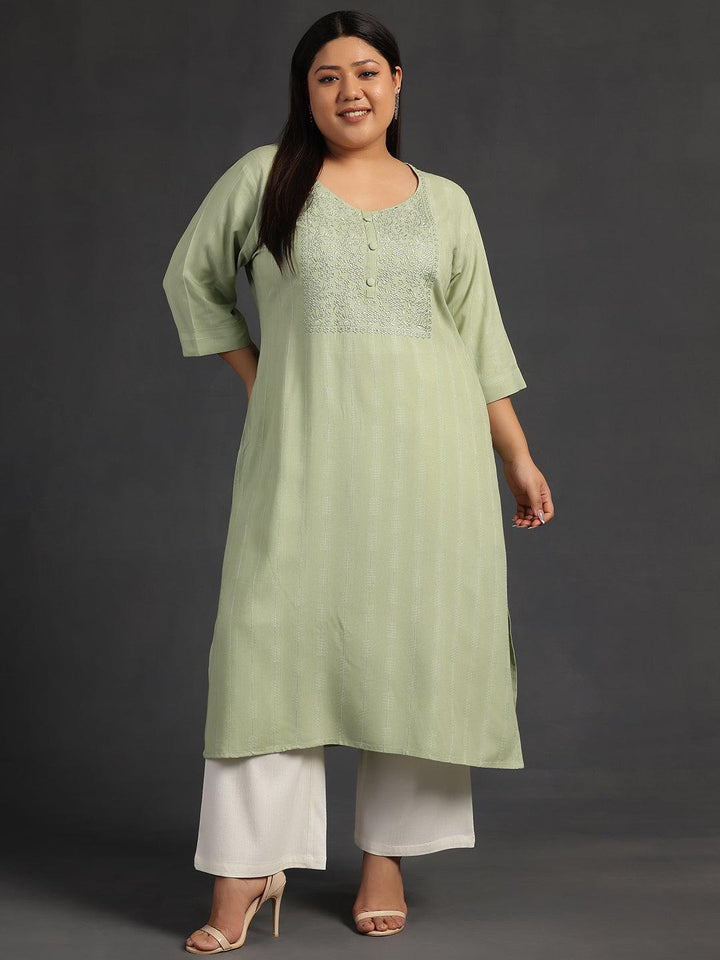 Plus Size Green Yoke Design Silk Straight Kurta