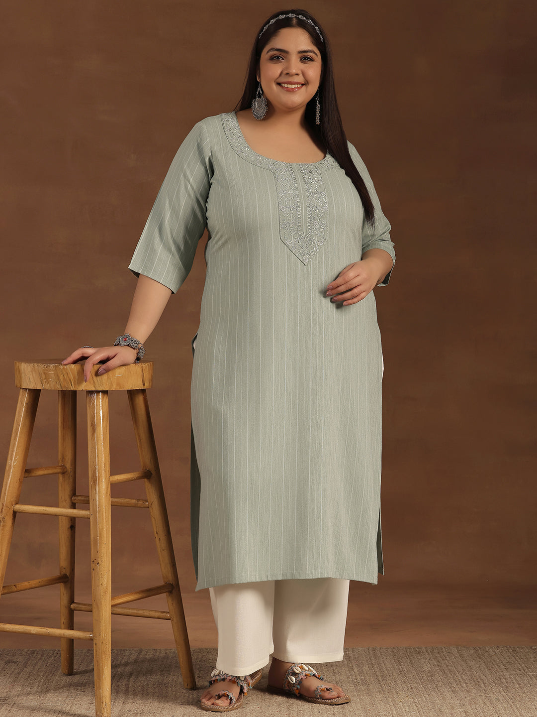 Plus Size Green Yoke Design Rayon Straight Kurta