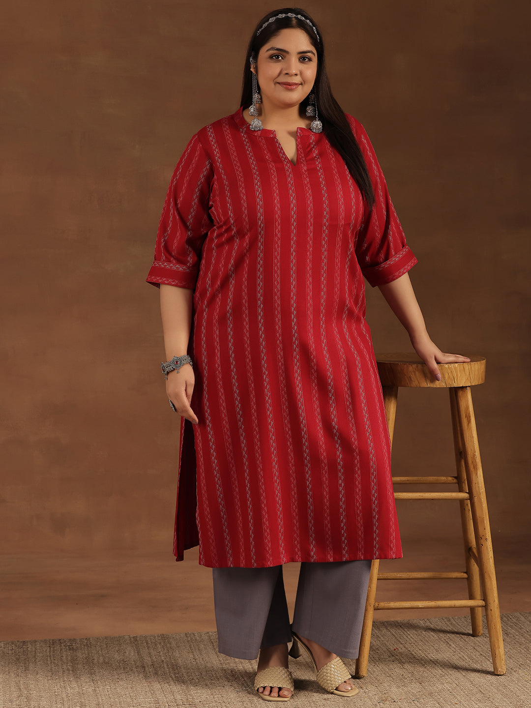 Plus Size Red Striped Rayon Straight Kurta