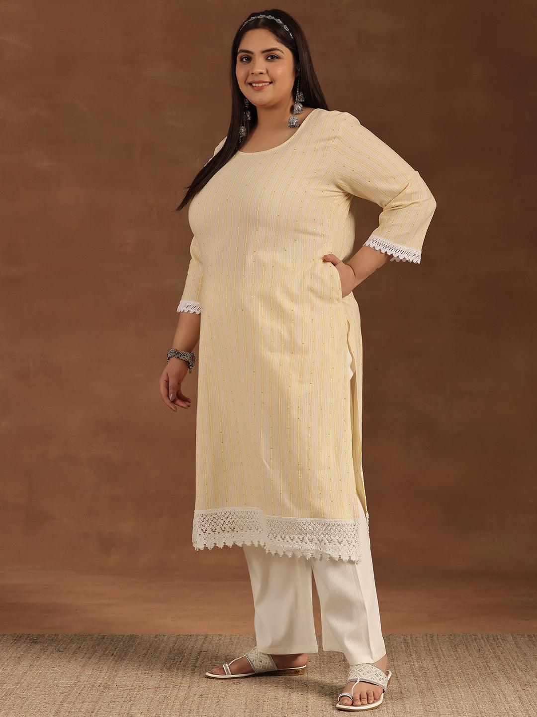 Plus Size Yellow Printed Cotton Straight Kurta