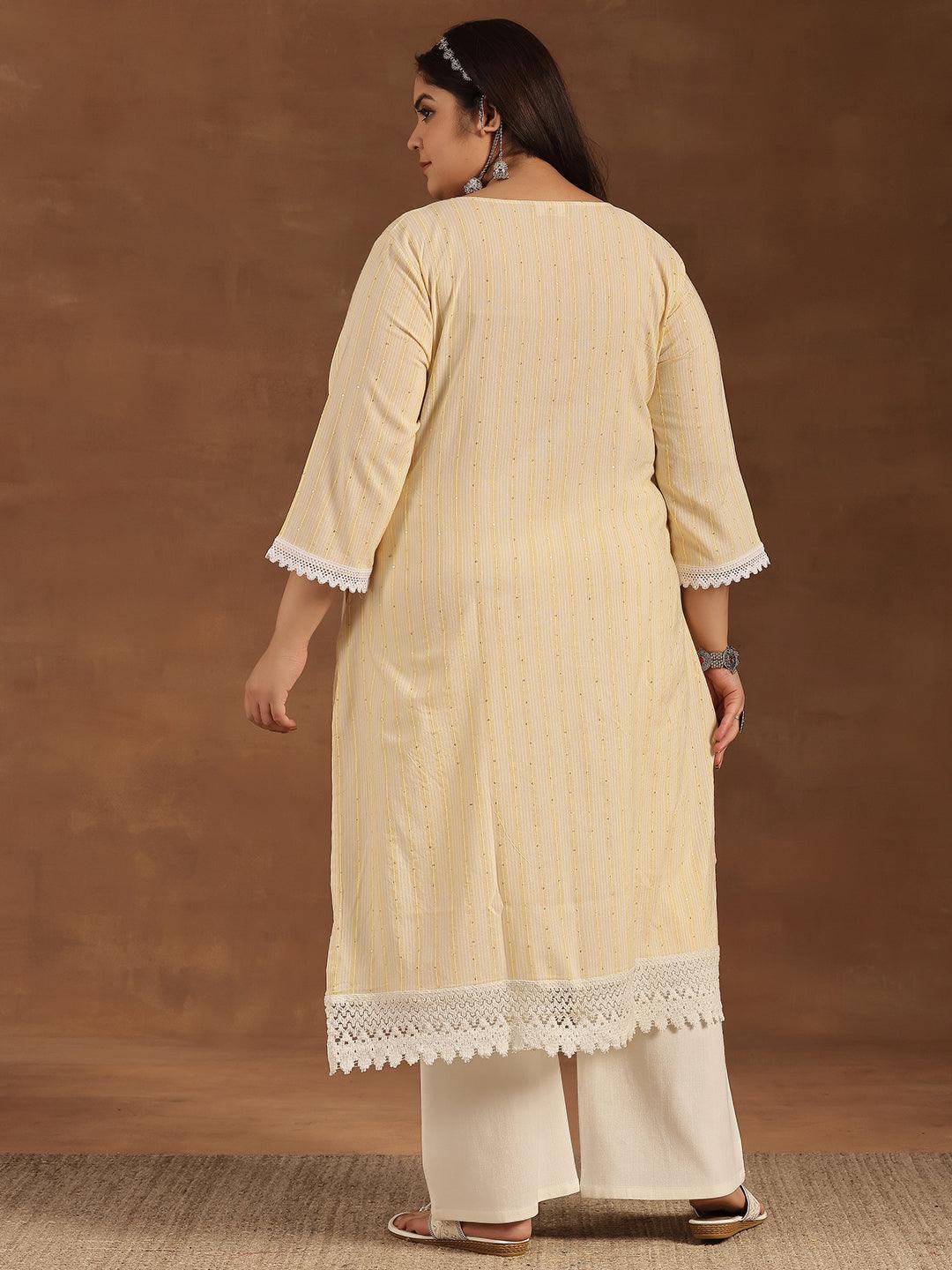 Plus Size Yellow Printed Cotton Straight Kurta