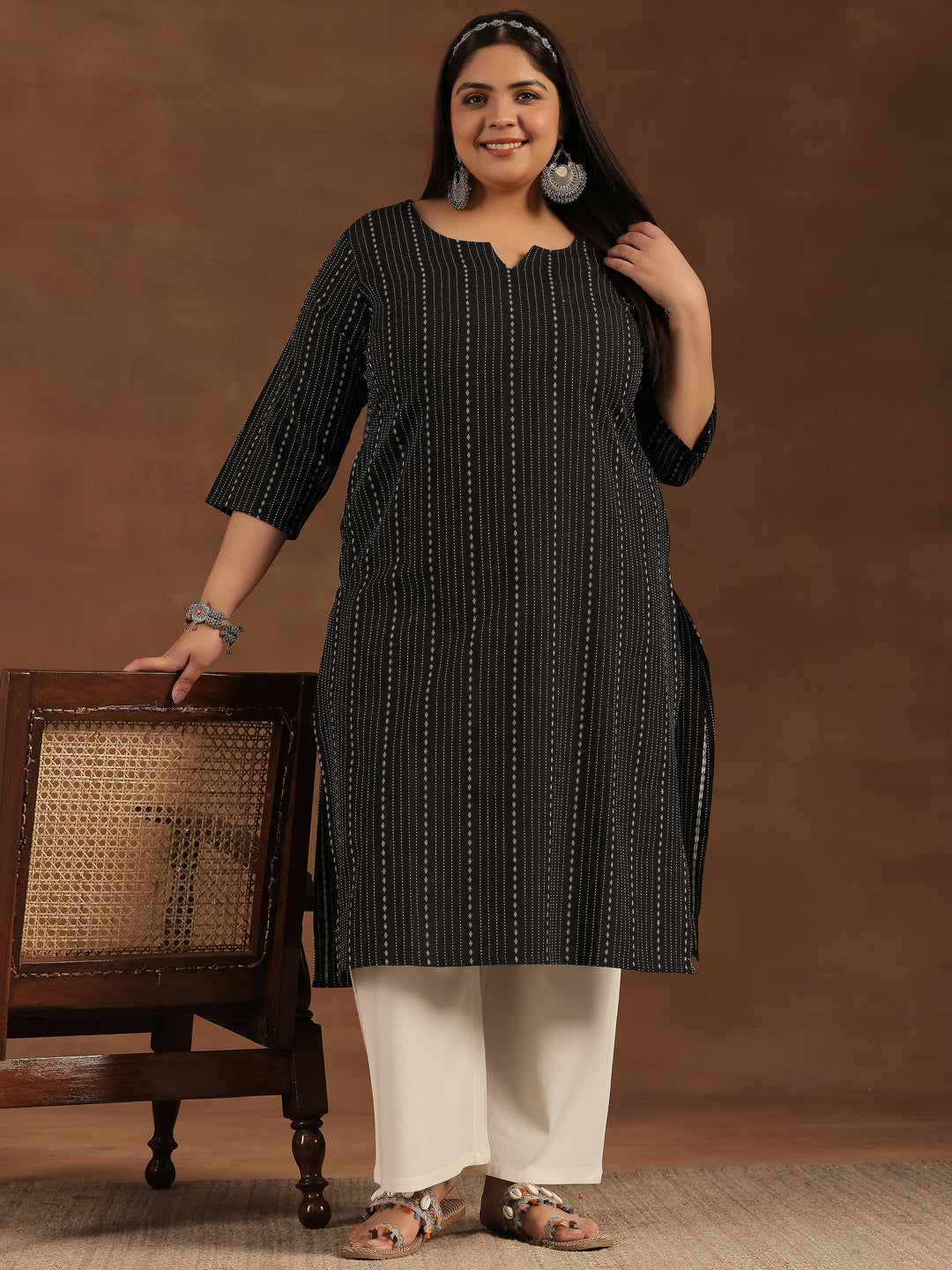 Plus Size Black Printed Cotton Straight Kurta