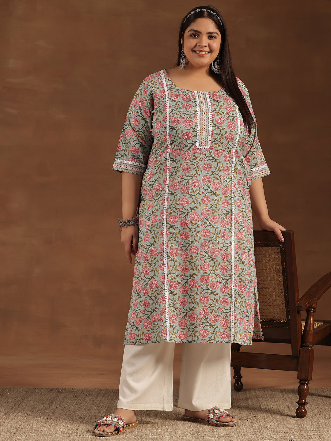 Plus Size Blue Printed Cotton Straight Kurta