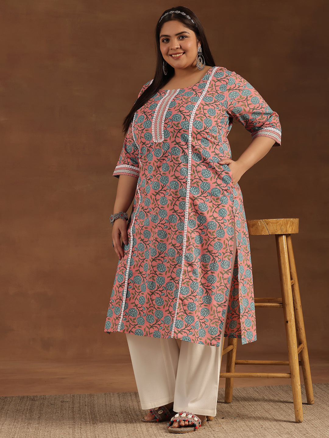 Plus Size Pink Printed Cotton Straight Kurta